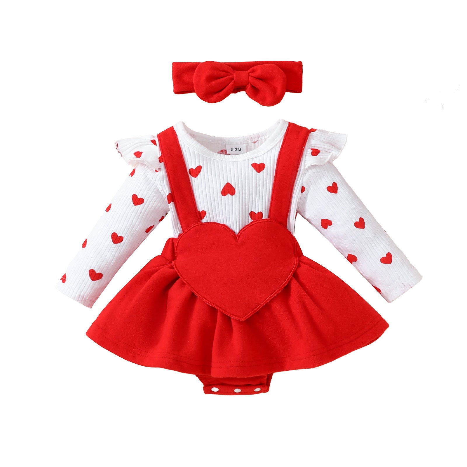 Baby Valentine's Day romper with embroidered heart, fake suspenders, and matching hairband.