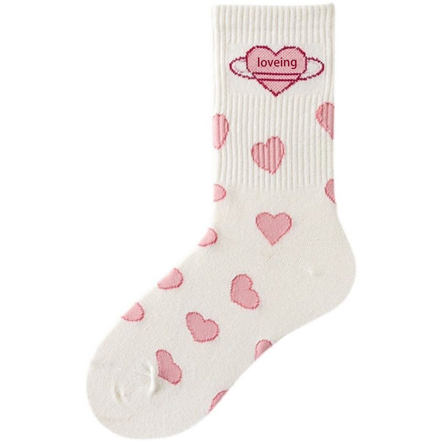 Cute black & white Lolita mid-tube socks with heart pattern, perfect for everyday style.