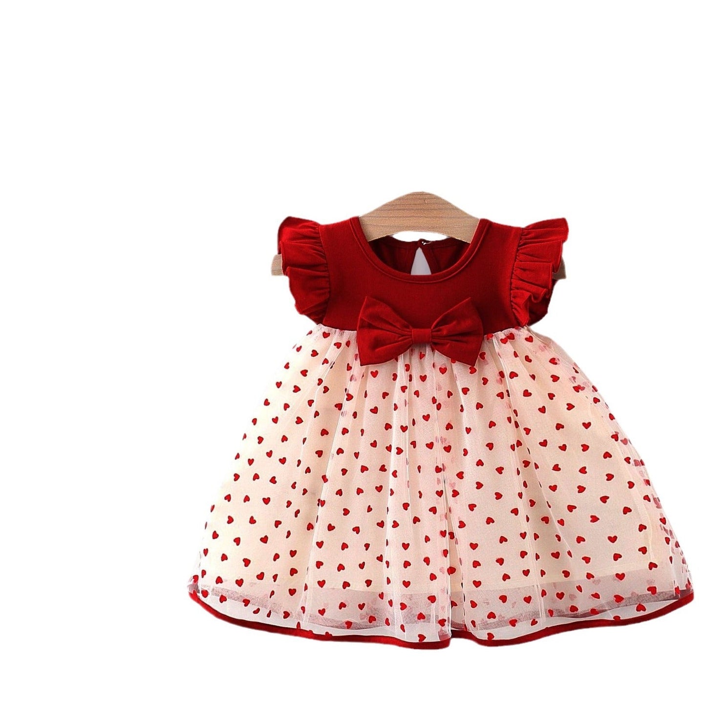 Adorable wine red cotton dress with heart pattern, perfect for Valentine's Day.