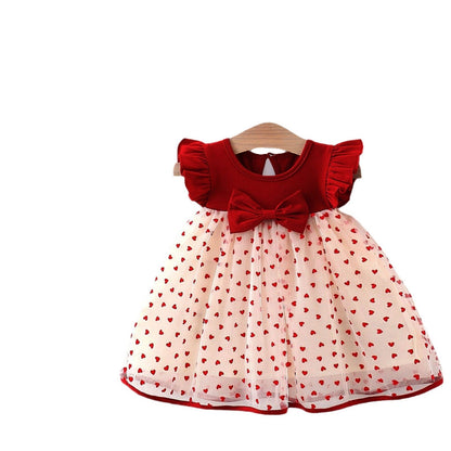 Adorable wine red cotton dress with heart pattern, perfect for Valentine's Day.