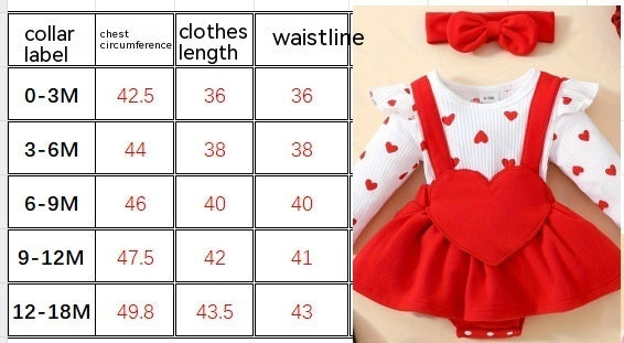 Valentine's Day baby romper with heart design and suspenders, soft knitted fabric, matching hairband included.