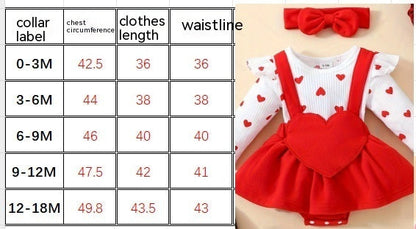 Valentine's Day baby romper with heart design and suspenders, soft knitted fabric, matching hairband included.