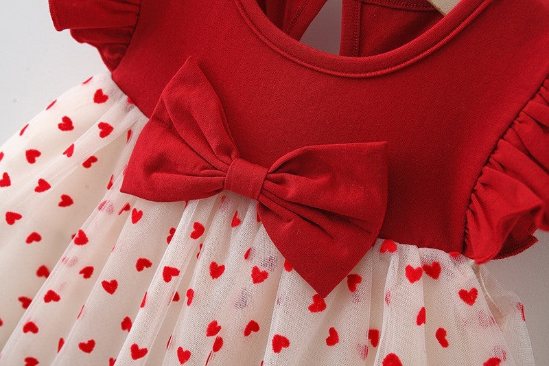 Adorable wine red cotton dress with heart pattern, perfect for Valentine's Day.