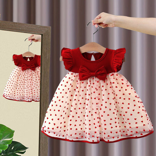 Adorable wine red cotton dress for Valentine's Day, perfect for girls, soft and breathable with cute design.