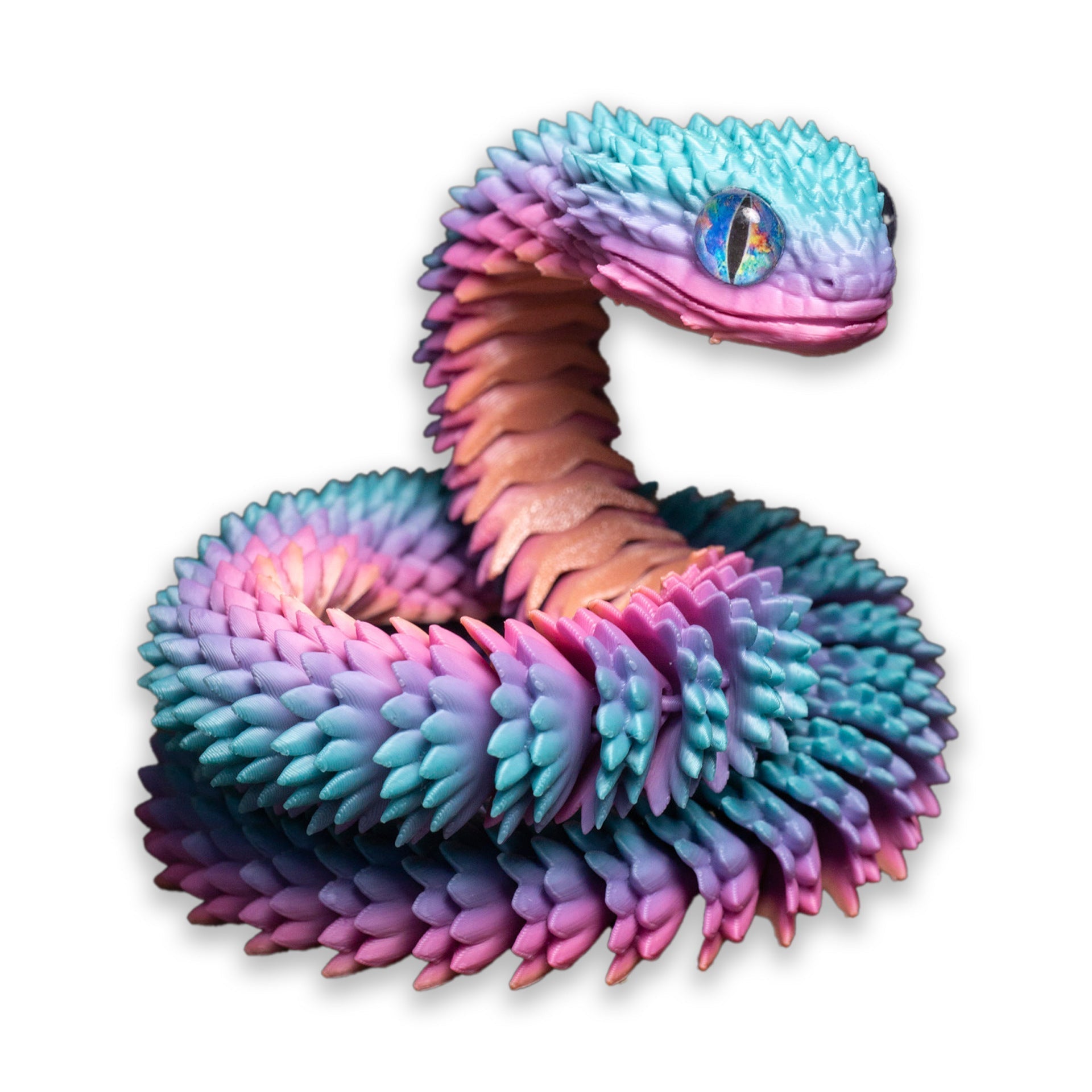 3D printed snake toy decoration in vibrant gradient colors.