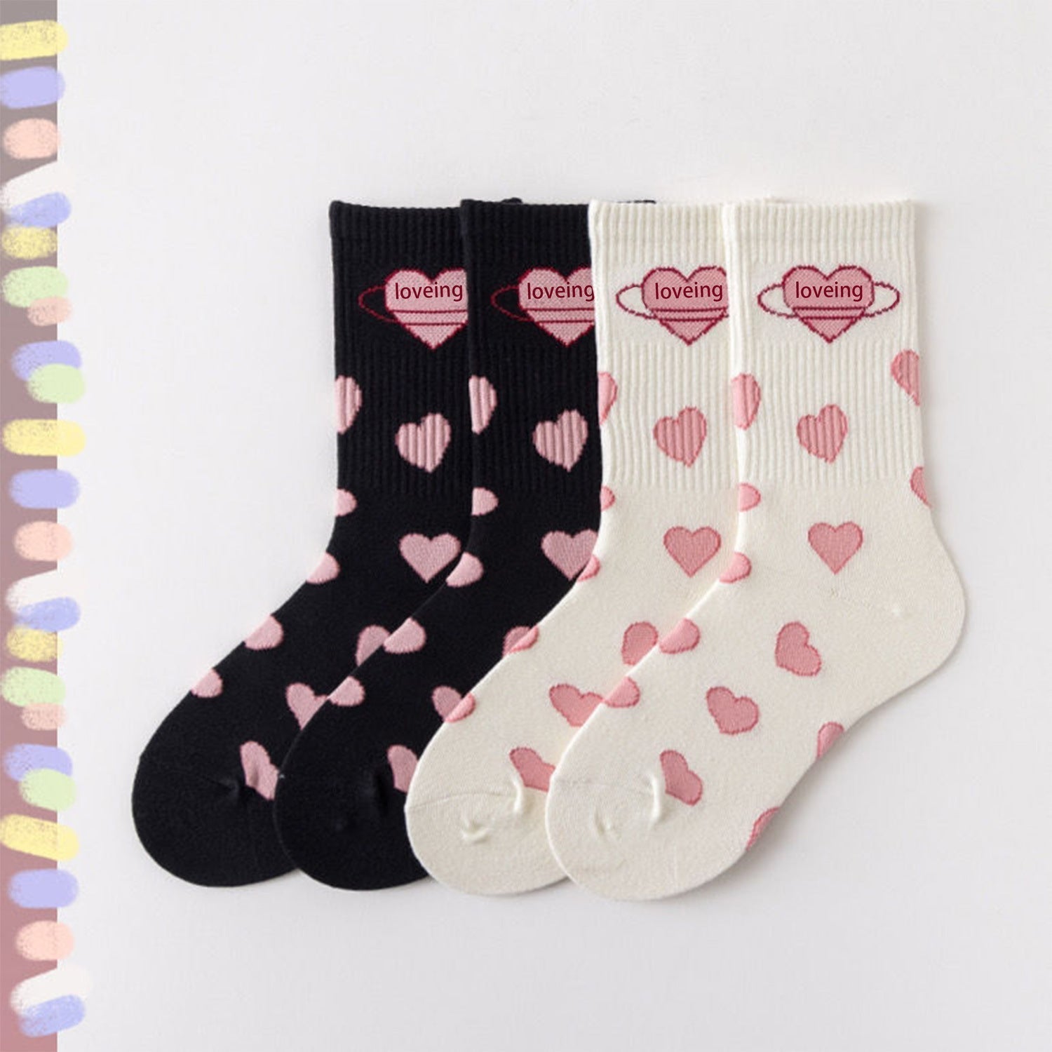 Cute black and white mid-tube Lolita socks with heart pattern, perfect for students and everyday style.