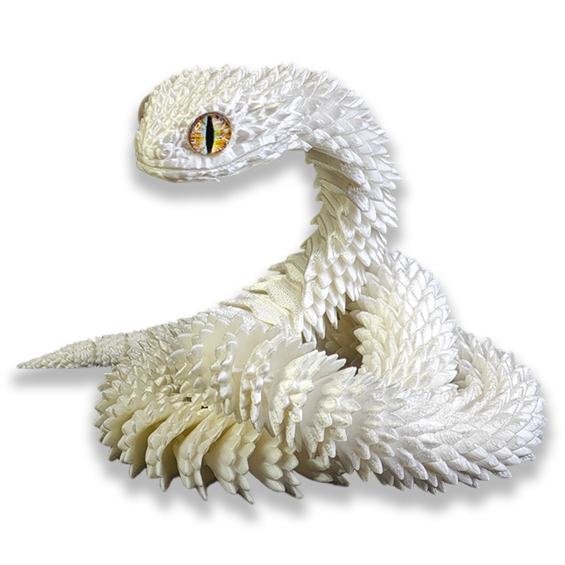 3D print snake toy decoration in white PLA material, modern art style.