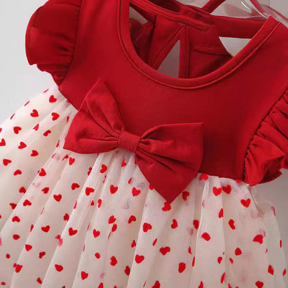 Adorable wine red cotton dress with heart pattern, perfect for Valentine's Day.