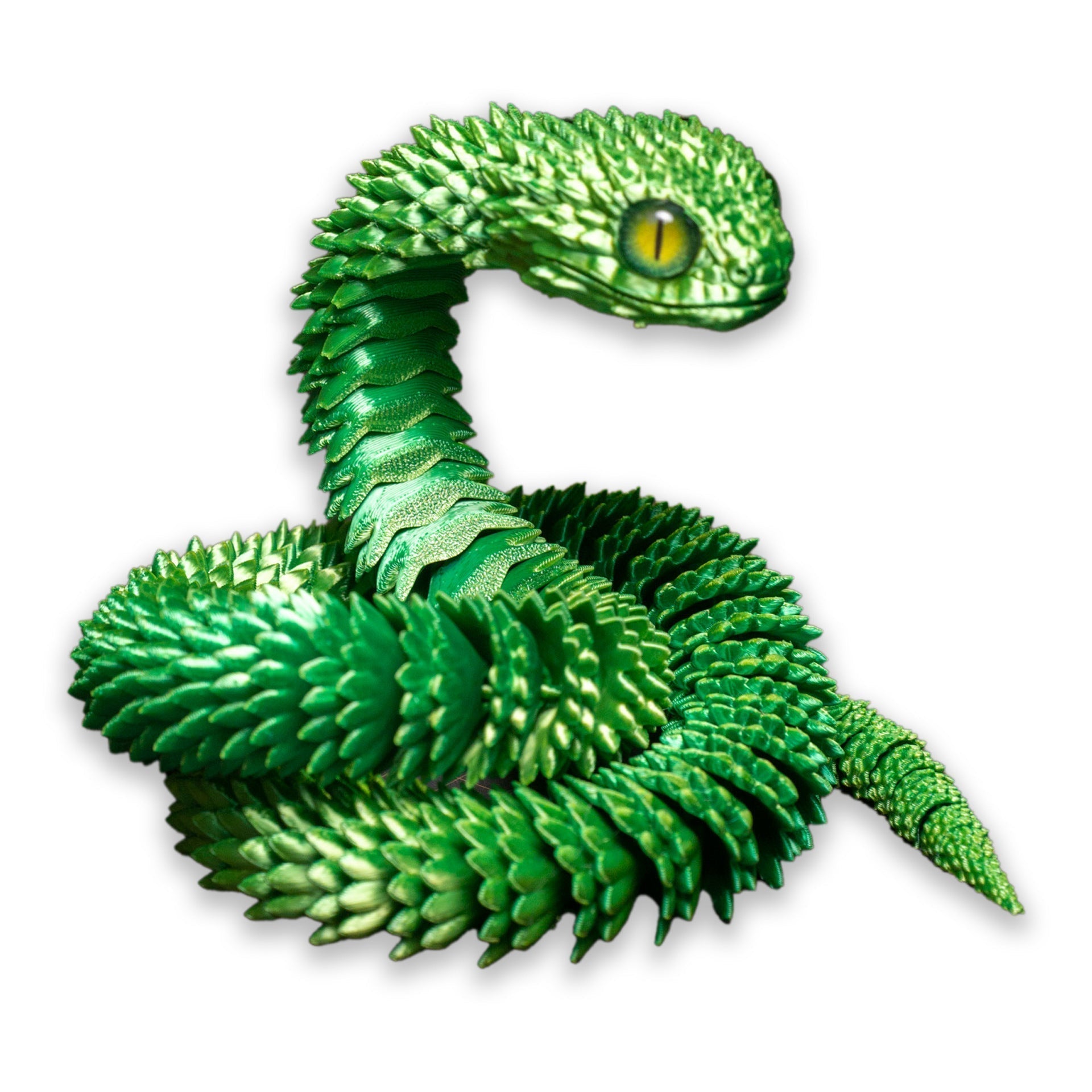 3D print snake toy decoration in green, modern art style, made from PLA.